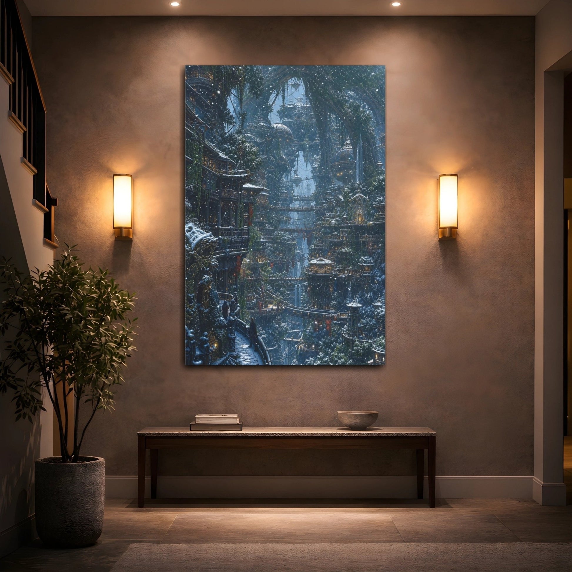 Fairytale Fantasy City Blue Winter Canvas Wall Art Print – Living Room, Above Couch - YesArtYes