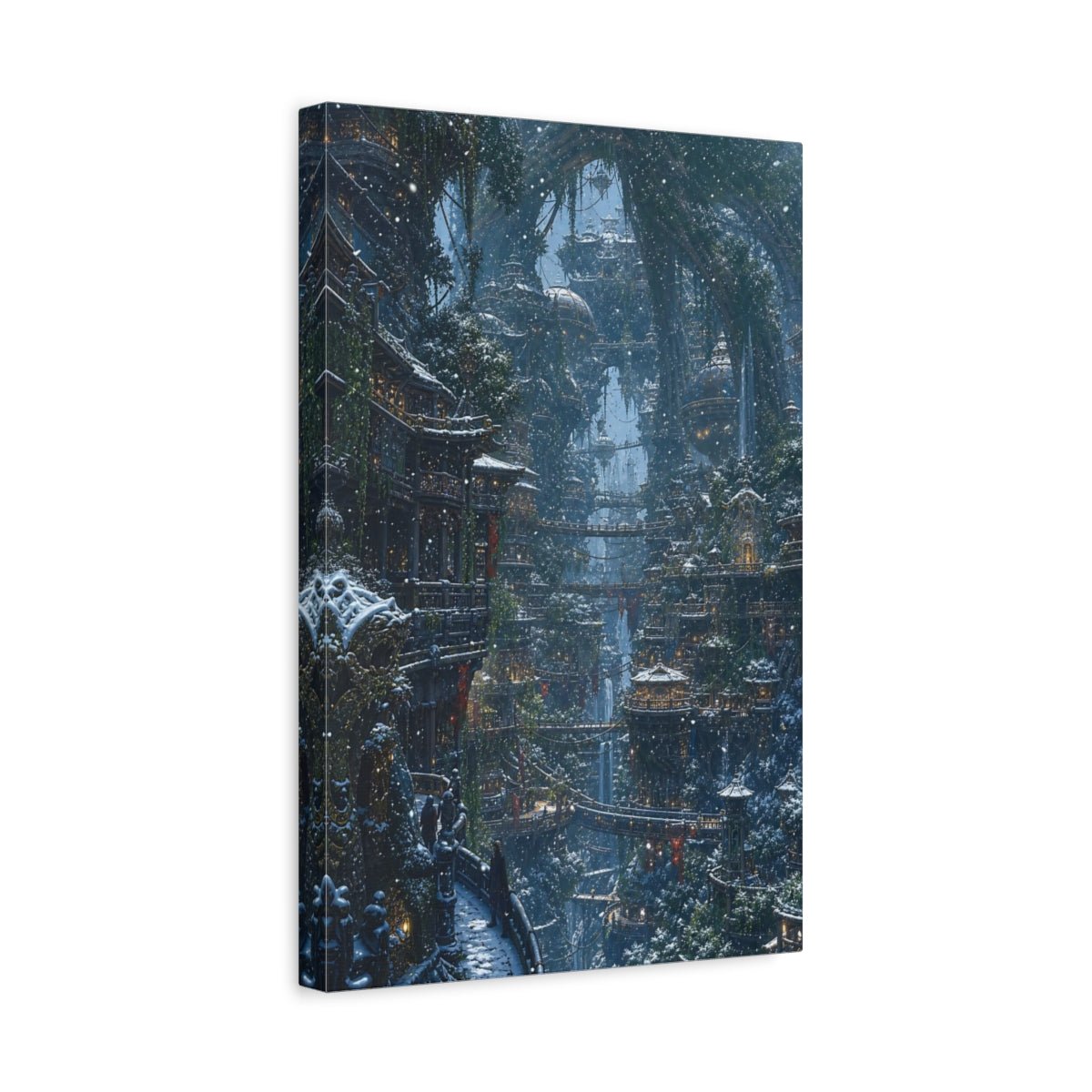 Fairytale Fantasy City Blue Winter Canvas Wall Art Print – Living Room, Above Couch - YesArtYes