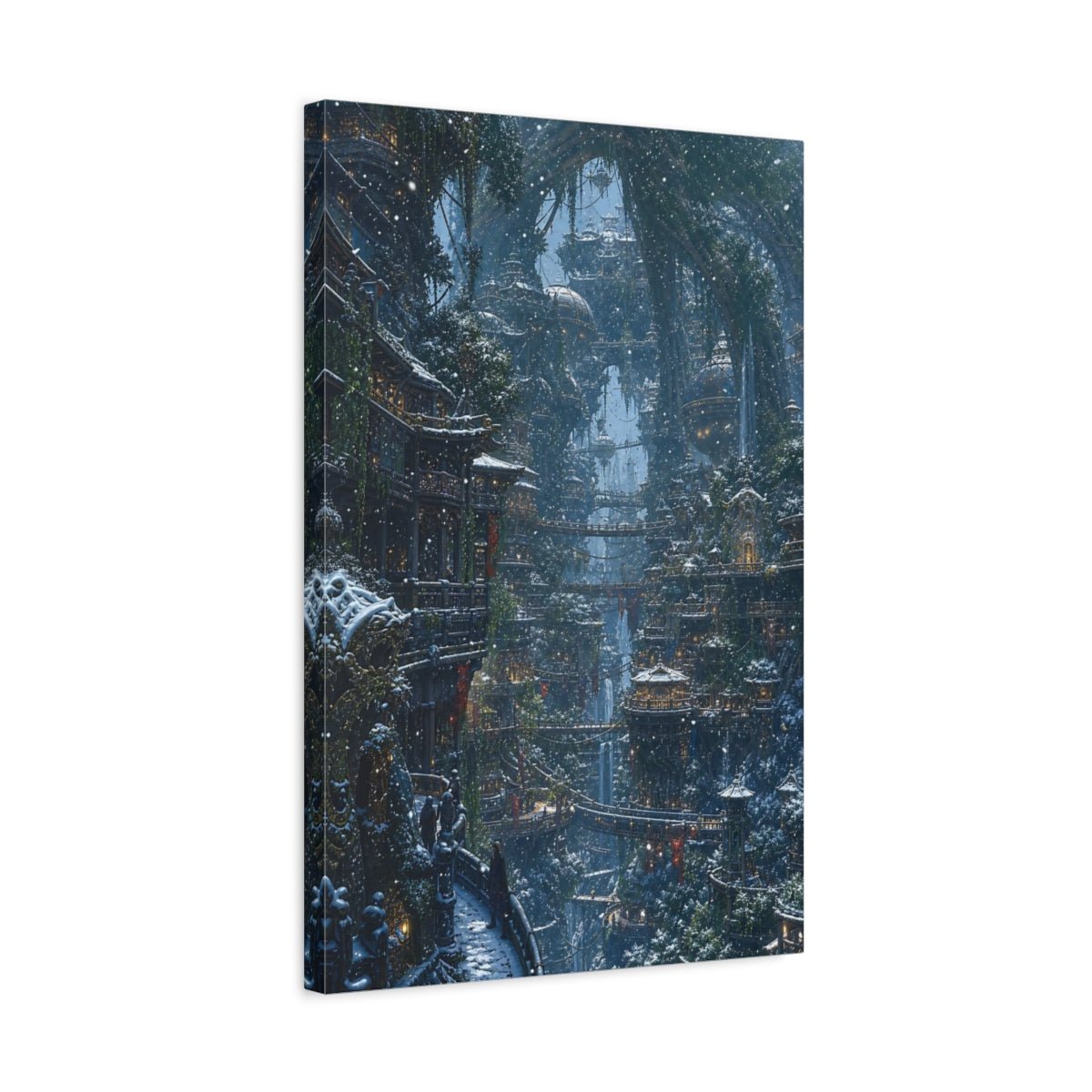 Fairytale Fantasy City Blue Winter Canvas Wall Art Print – Living Room, Above Couch - YesArtYes