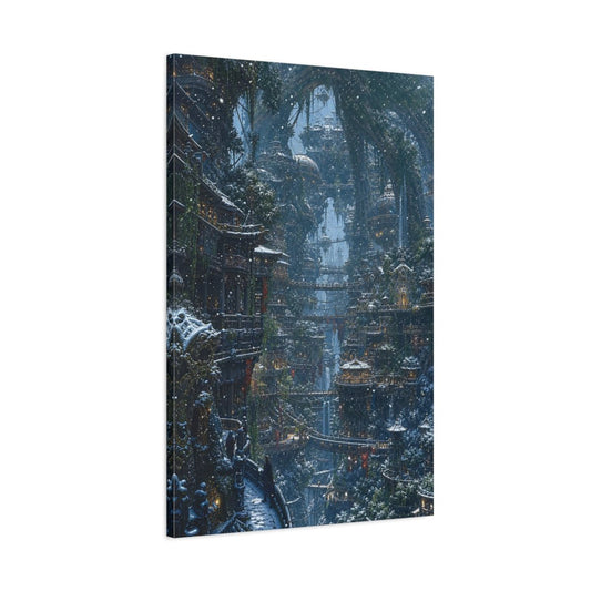 Fairytale Fantasy City Blue Winter Canvas Wall Art Print – Living Room, Above Couch - YesArtYes