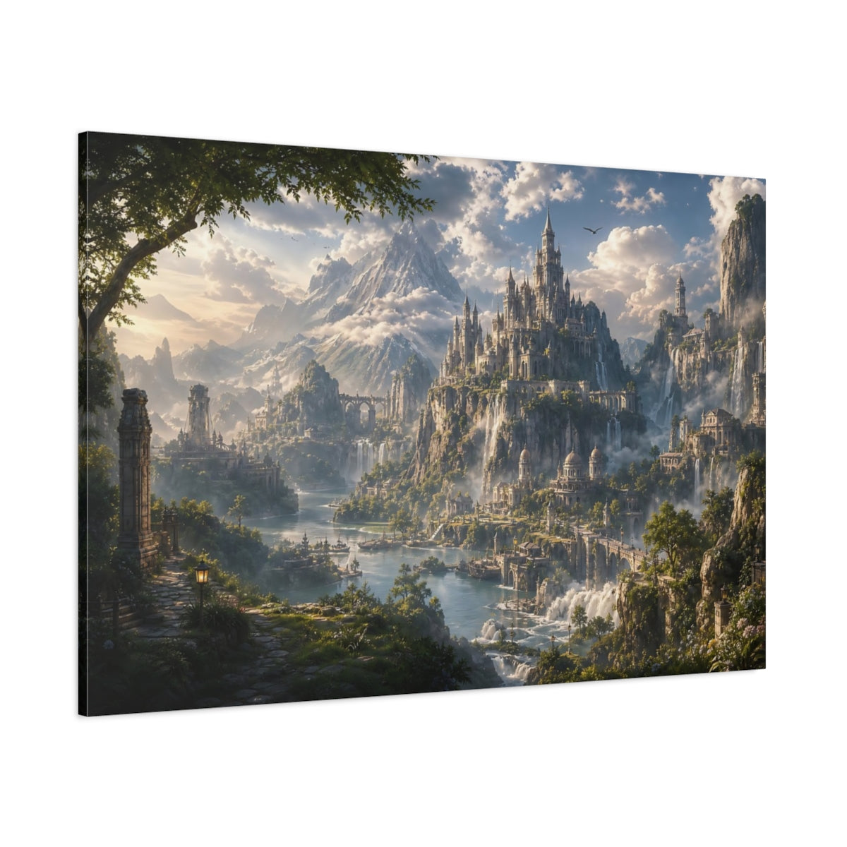 Side Mockup 1. Fairytale Fantasy City Fantasy Castle Landscape shown as stretched canvas wall art