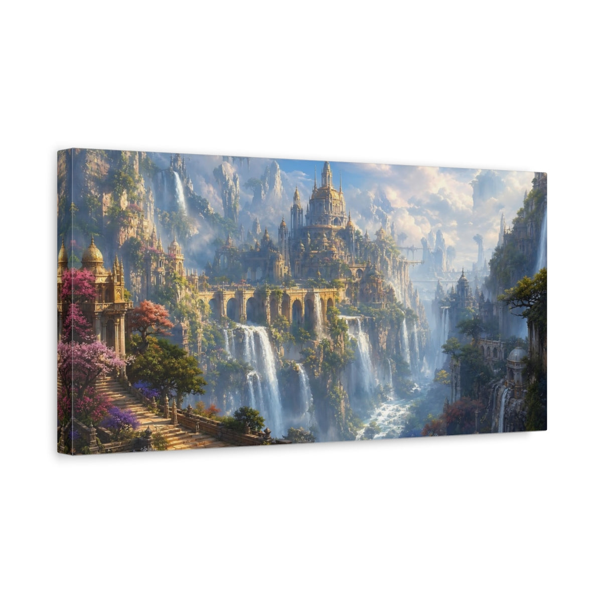 Side Mockup 3. Fairytale Fantasy City Fantasy Cityscape shown as stretched canvas wall art