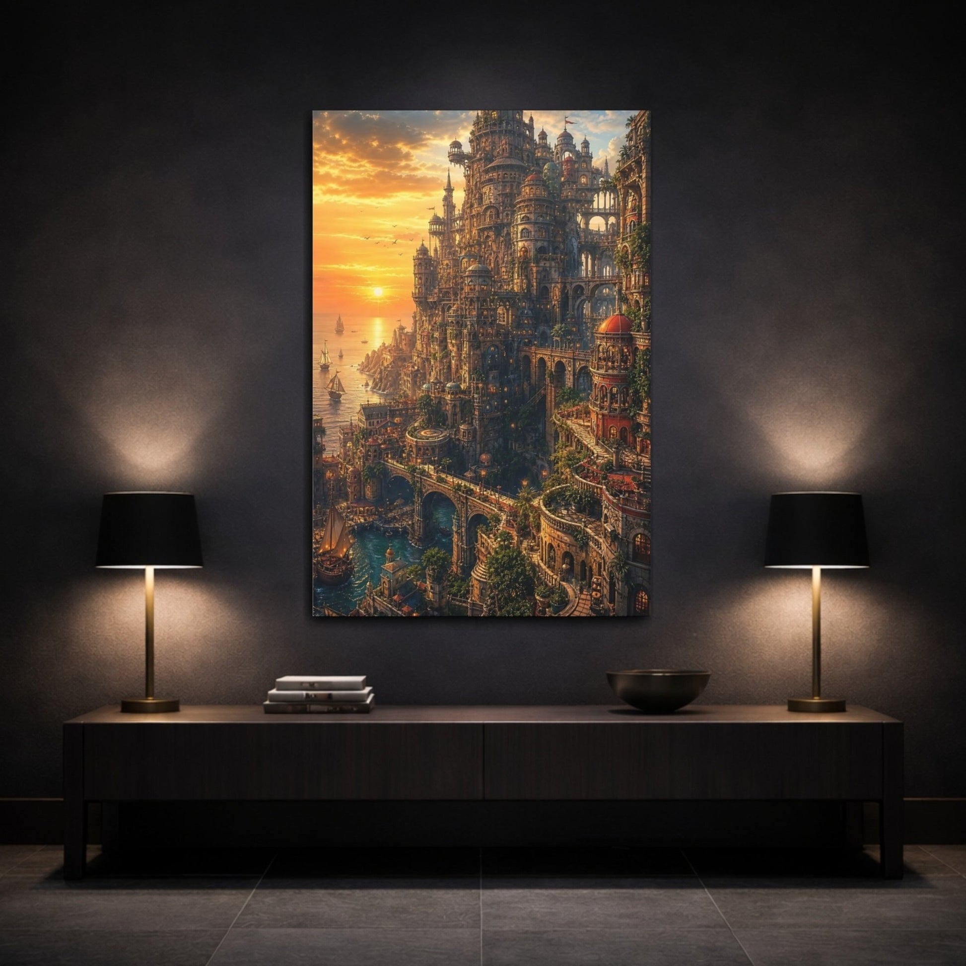 Fairytale Fantasy City Cityscape Canvas Wall Art Print – Living Room, Large - YesArtYes