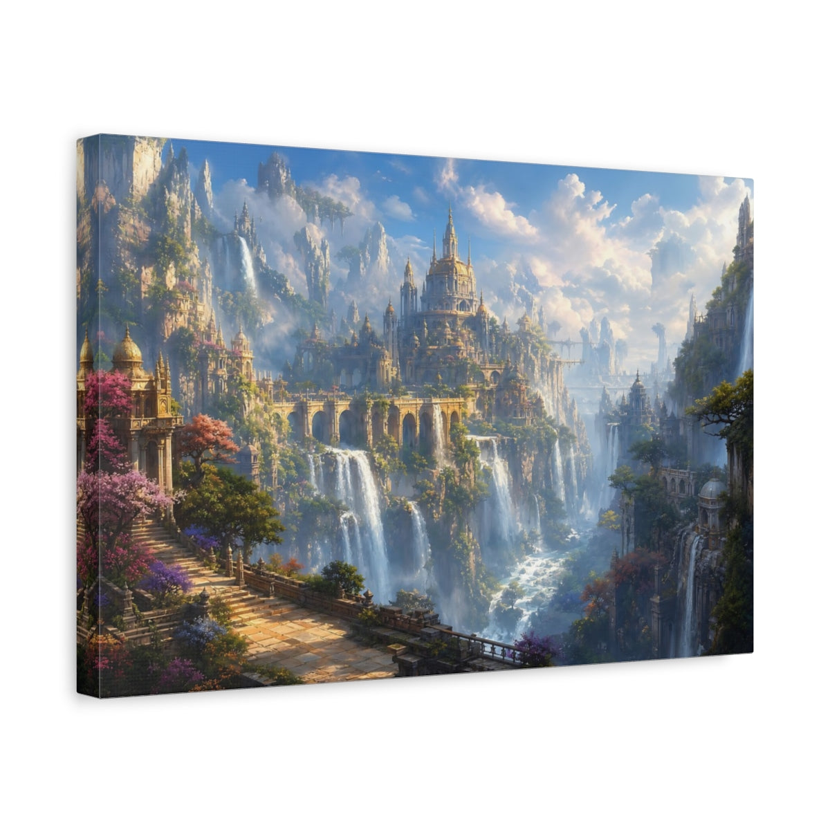 Side Mockup 4. Fairytale Fantasy City Fantasy Cityscape shown as stretched canvas wall art