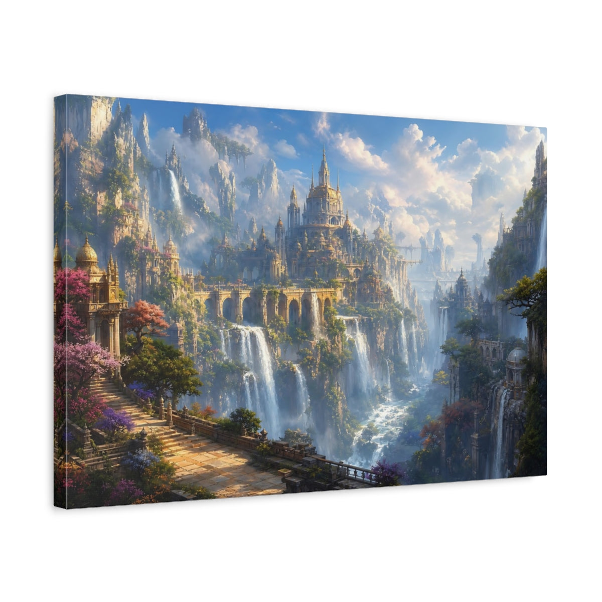Side Mockup 3. Fairytale Fantasy City Fantasy Cityscape shown as stretched canvas wall art