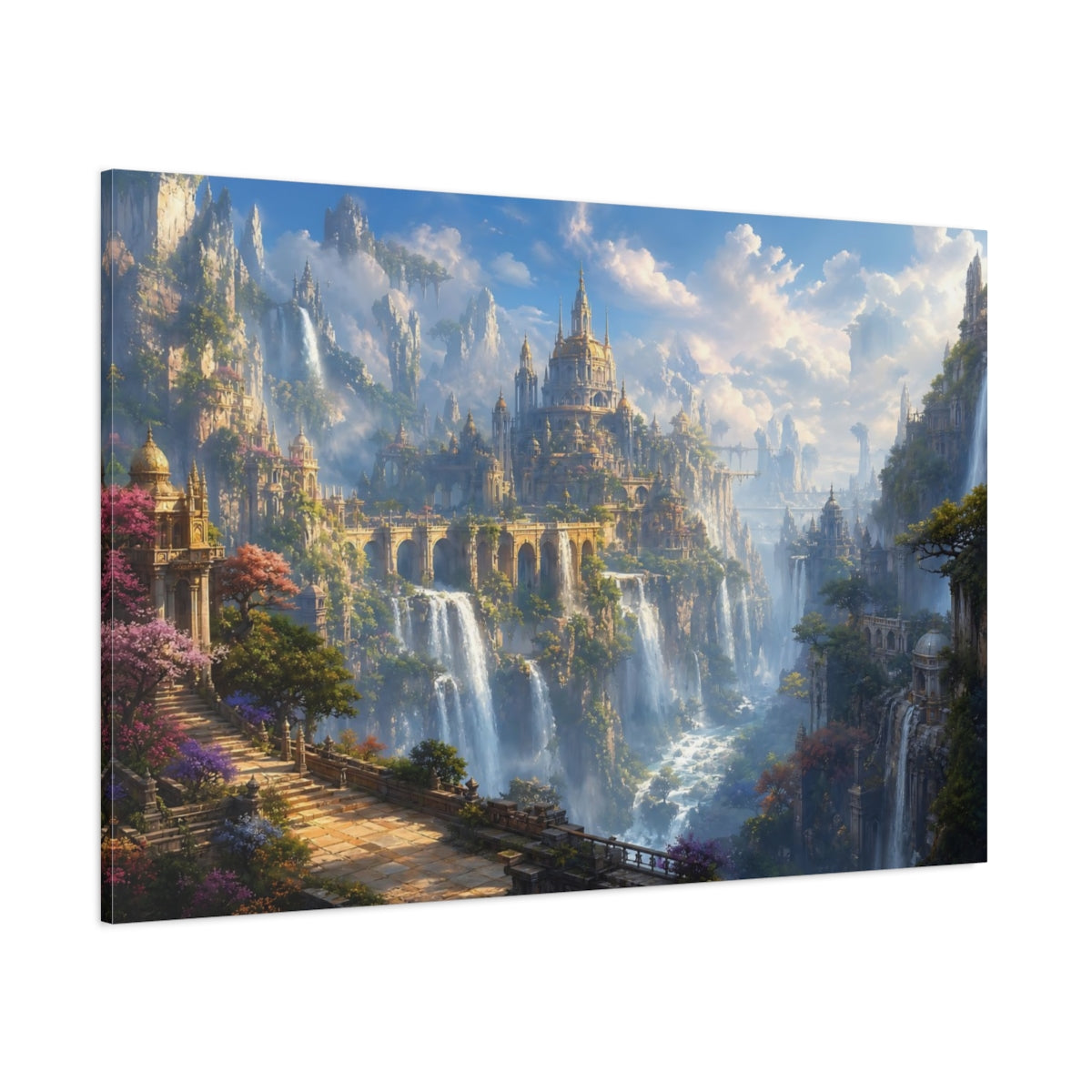 Side Mockup 1. Fairytale Fantasy City Fantasy Cityscape shown as stretched canvas wall art