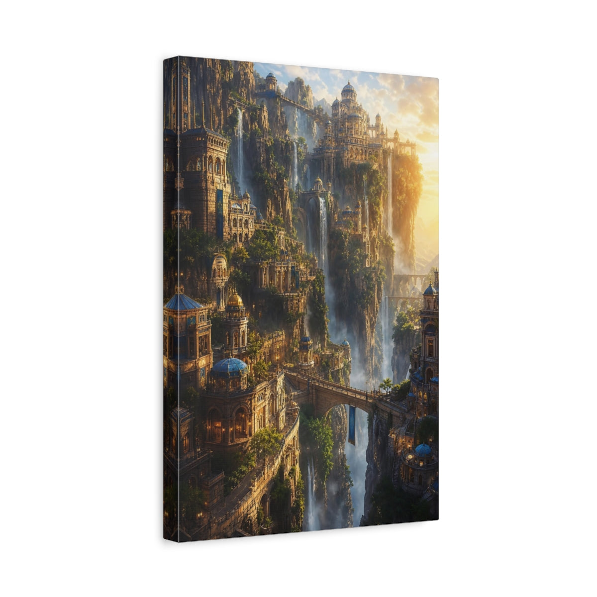 Side Mockup 4. Fairytale Fantasy City Fantasy Cityscape shown as stretched canvas wall art