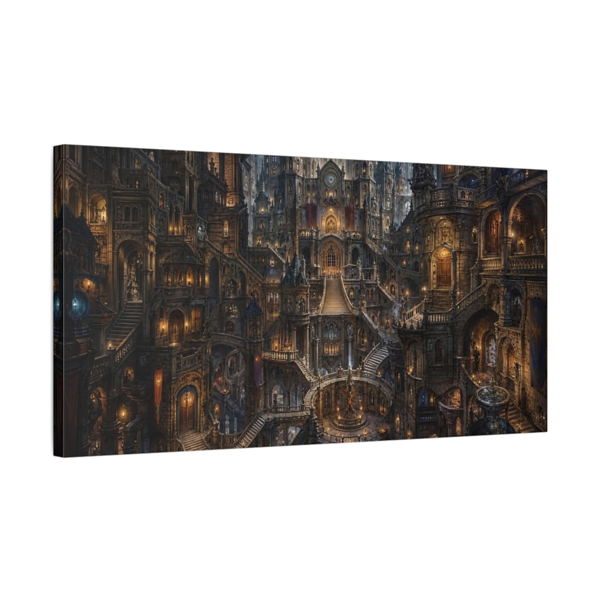 Side Mockup 1. Fairytale Fantasy City Dark Fantasy City shown as stretched canvas wall art