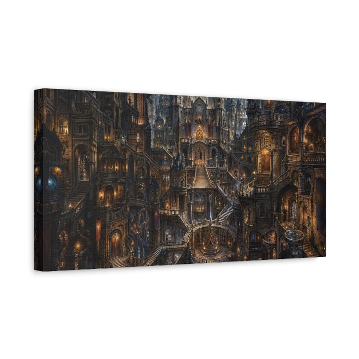 Side Mockup 3. Fairytale Fantasy City Dark Fantasy City shown as stretched canvas wall art