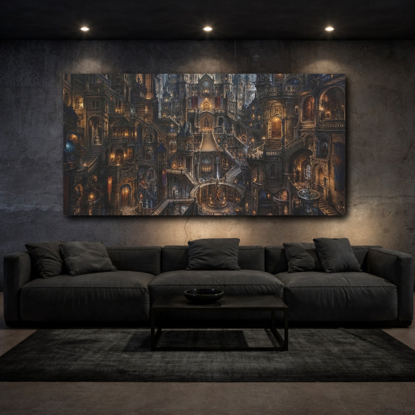 Mockup 2. Fairytale Fantasy City Dark Fantasy City shown as stretched canvas wall art