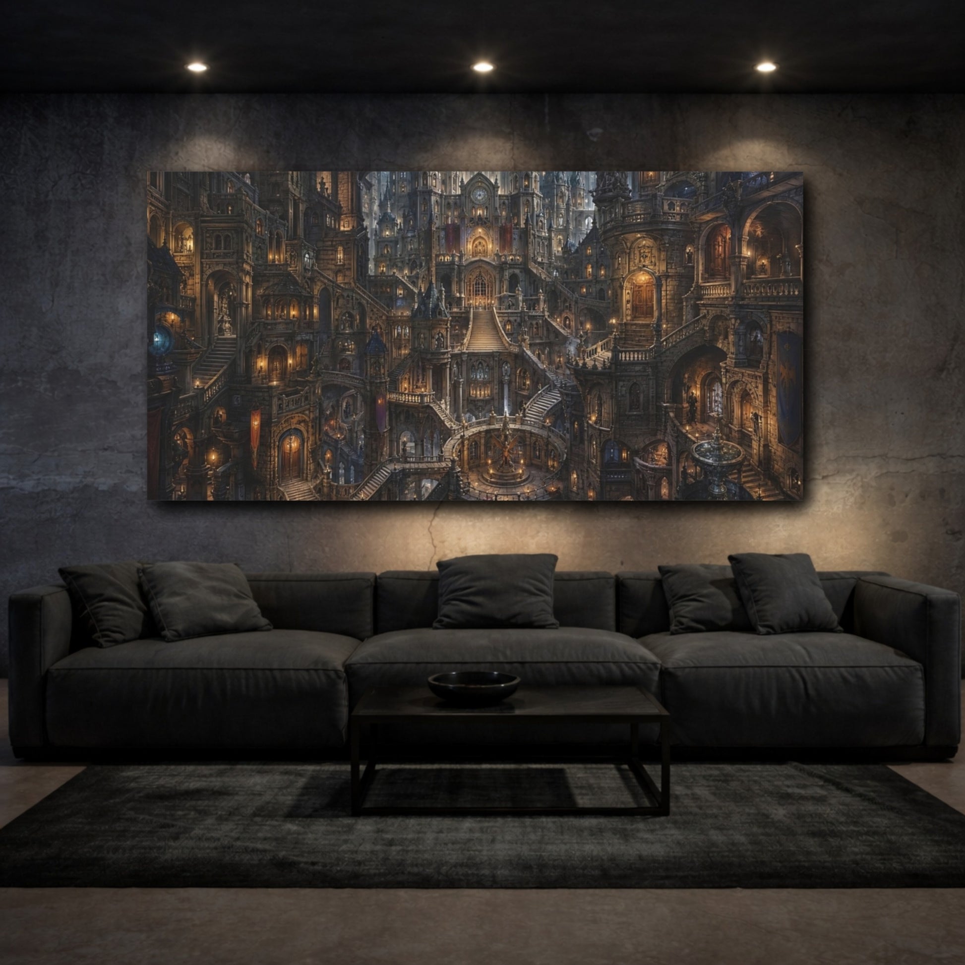 Mockup 2. Fairytale Fantasy City Dark Fantasy City shown as stretched canvas wall art