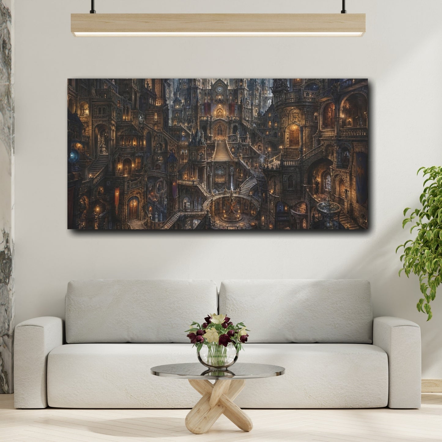 Mockup 3. Fairytale Fantasy City Dark Fantasy City shown as stretched canvas wall art
