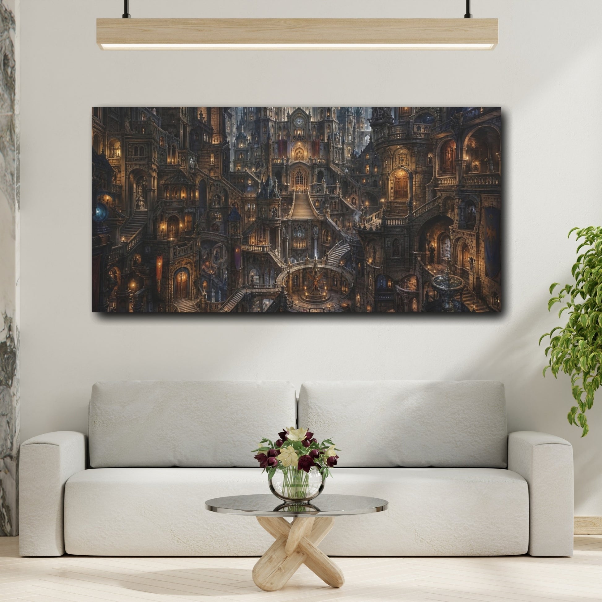Mockup 3. Fairytale Fantasy City Dark Fantasy City shown as stretched canvas wall art