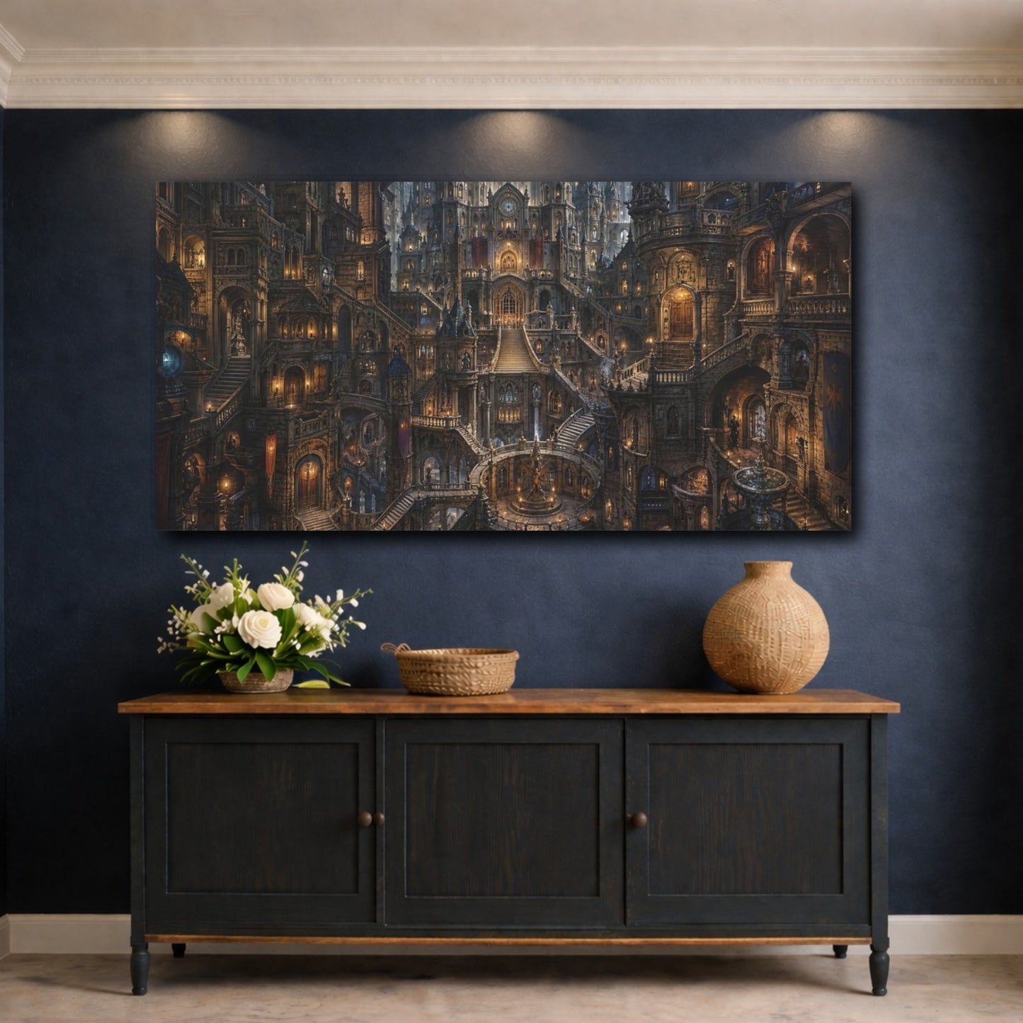 Mockup 4. Fairytale Fantasy City Dark Fantasy City shown as stretched canvas wall art