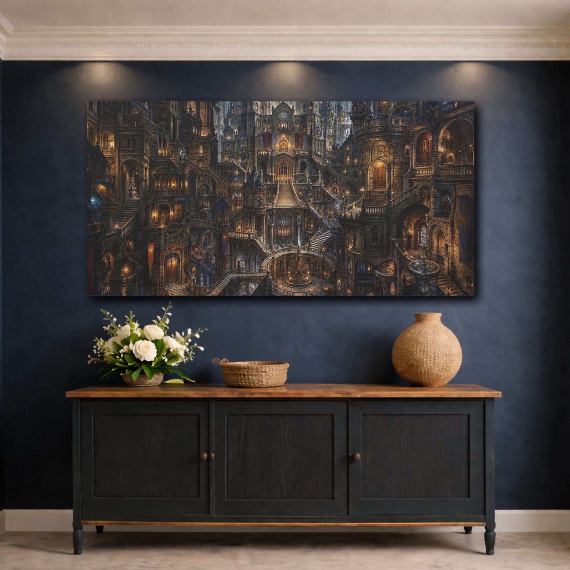 Mockup 4. Fairytale Fantasy City Dark Fantasy City shown as stretched canvas wall art