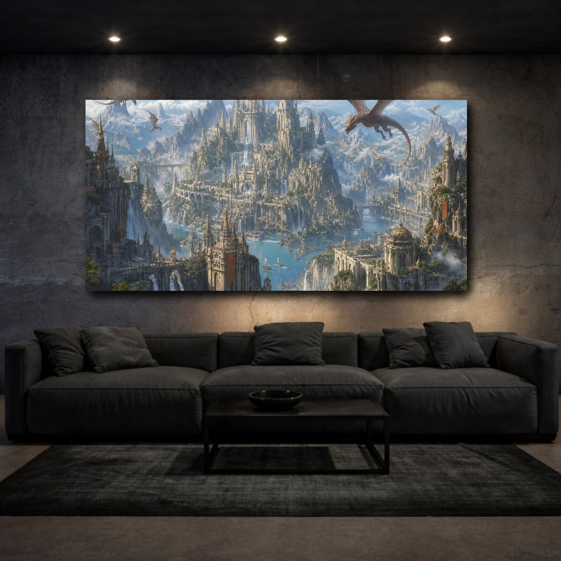 Mockup 2. Fairytale Fantasy City Fantasy Blue Gold shown as stretched canvas wall art