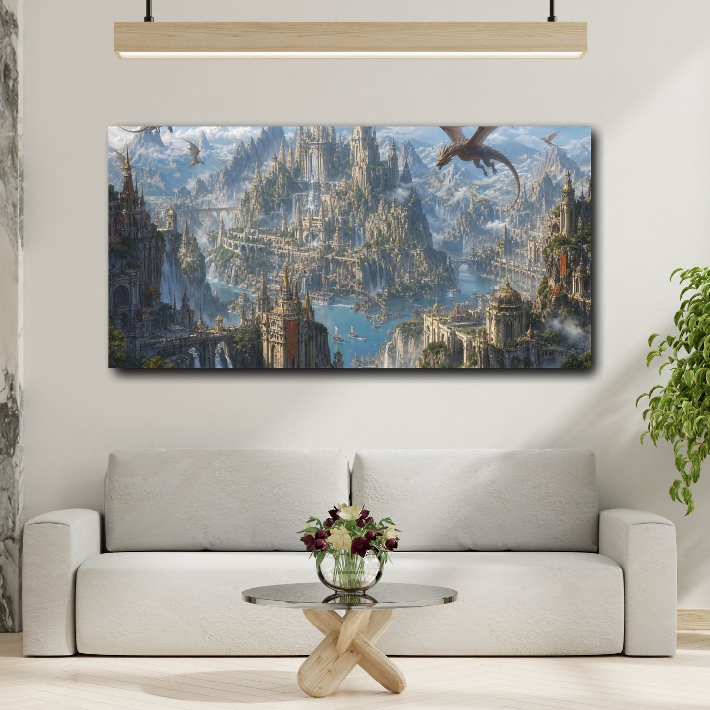 Mockup 3. Fairytale Fantasy City Fantasy Blue Gold shown as stretched canvas wall art