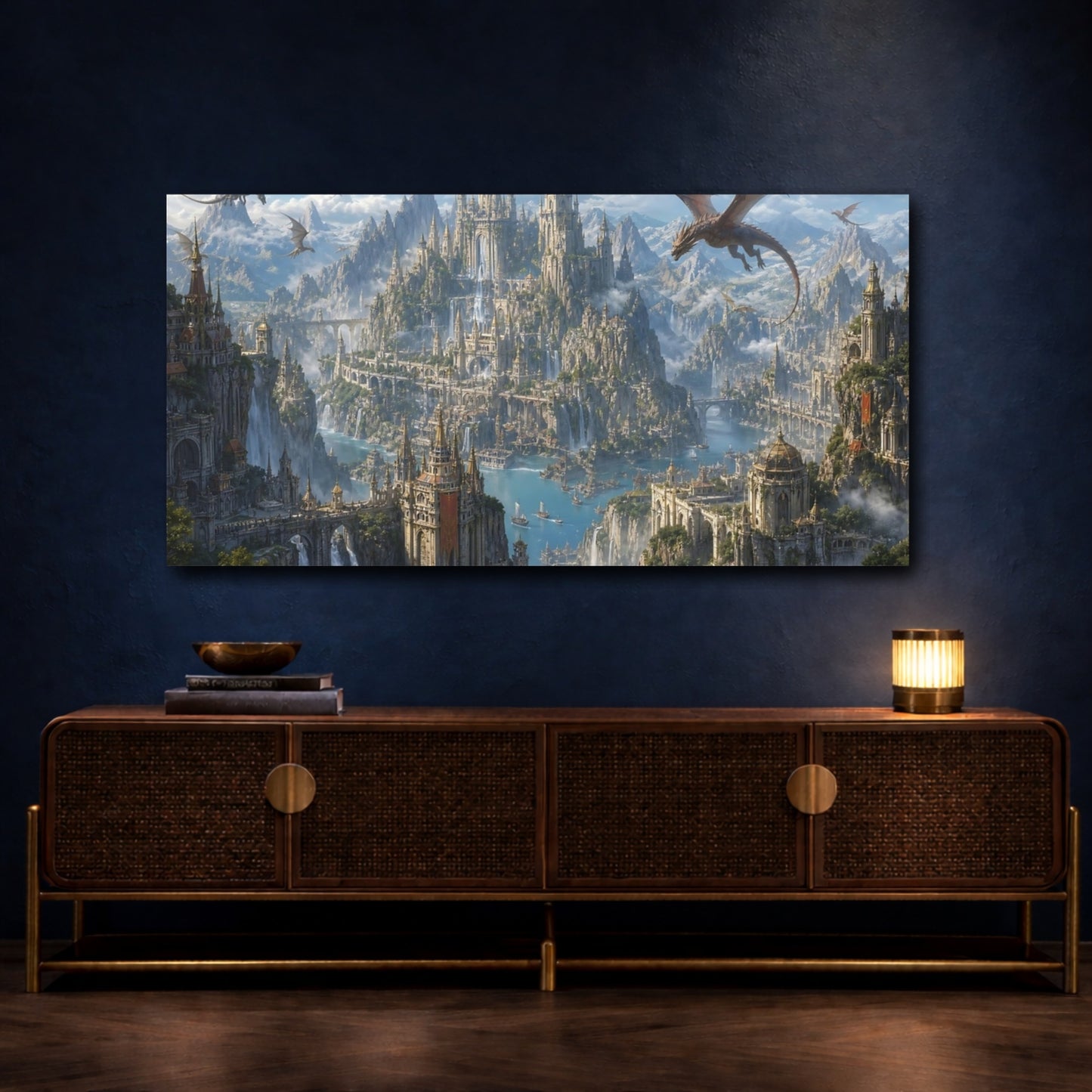 Mockup 4. Fairytale Fantasy City Fantasy Blue Gold shown as stretched canvas wall art