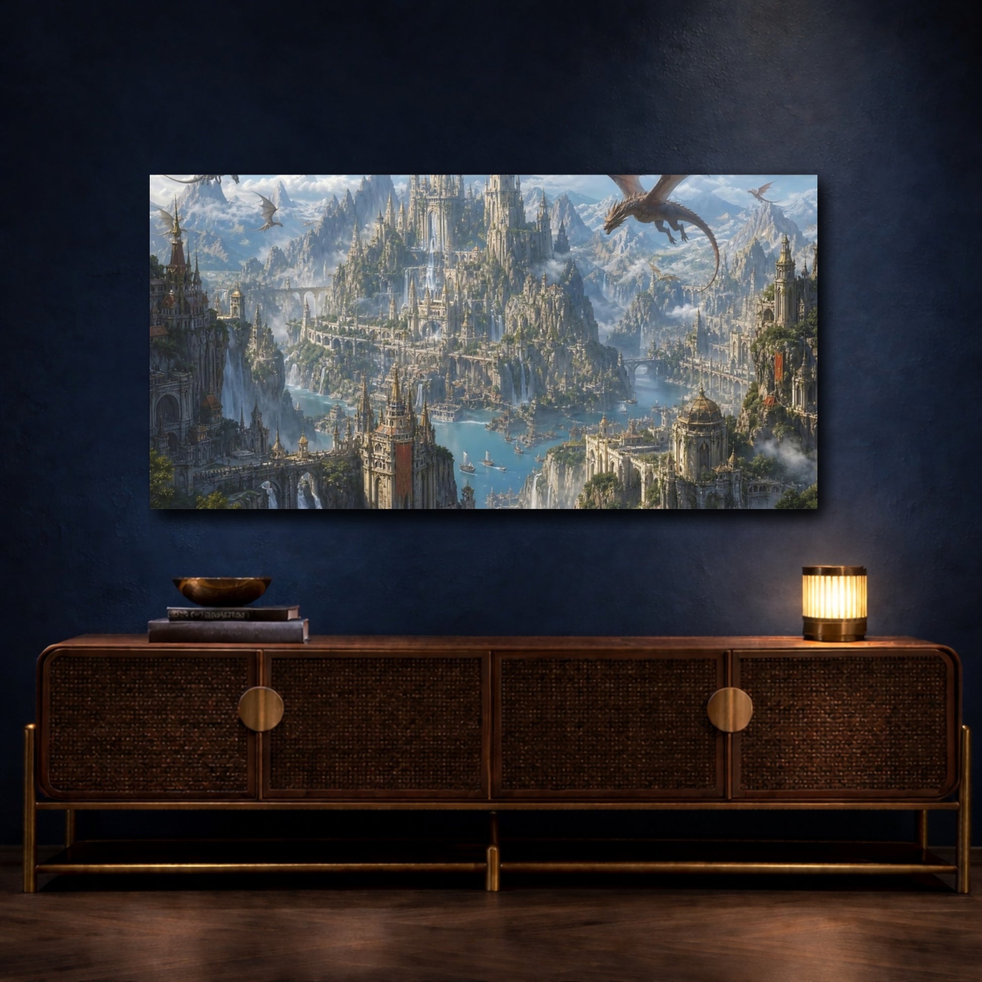 Mockup 4. Fairytale Fantasy City Fantasy Blue Gold shown as stretched canvas wall art