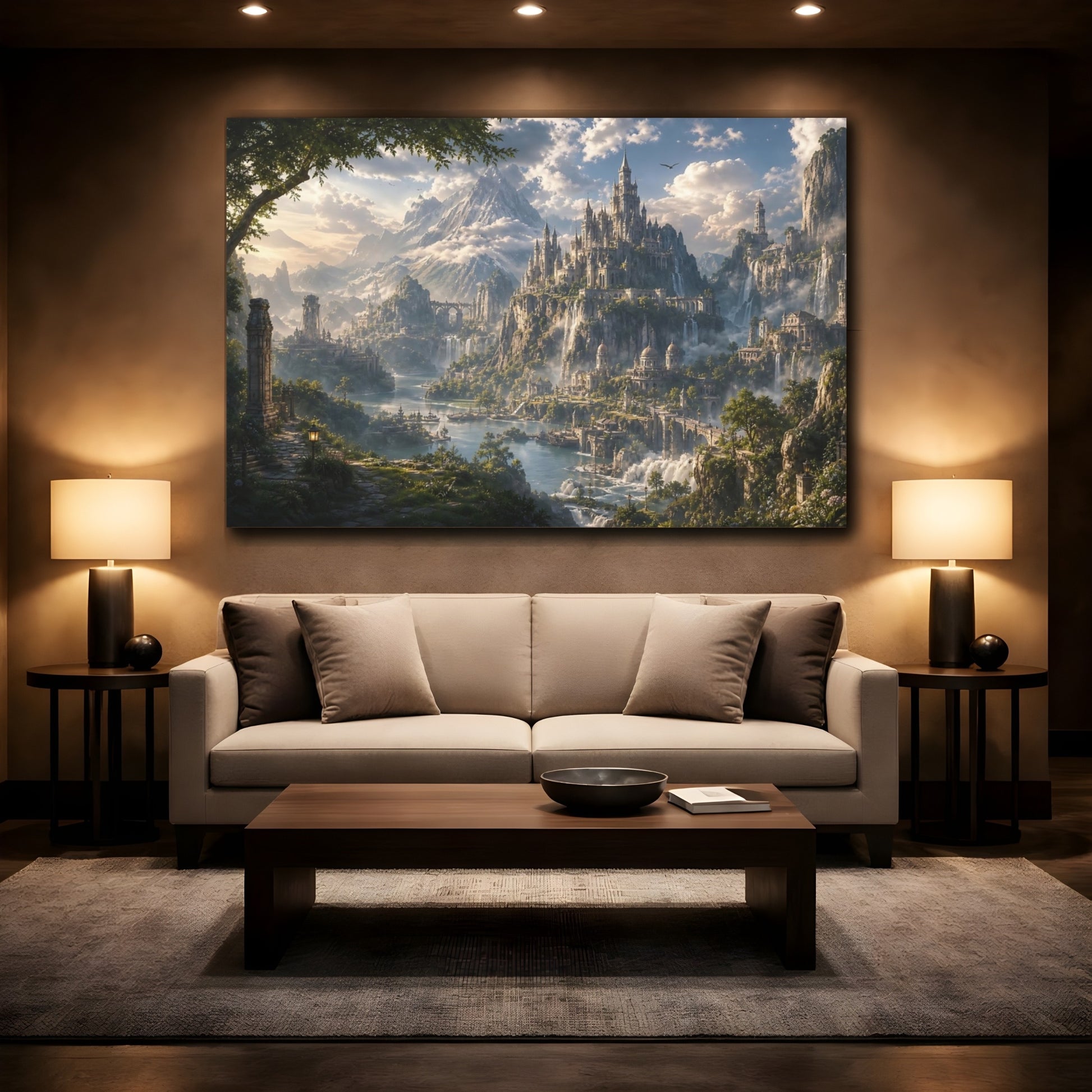 Mockup 2. Fairytale Fantasy City Fantasy Castle Landscape shown as stretched canvas wall art