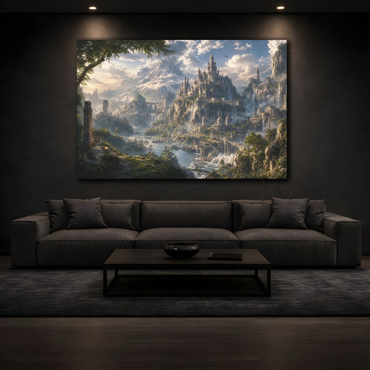 Mockup 3. Fairytale Fantasy City Fantasy Castle Landscape shown as stretched canvas wall art