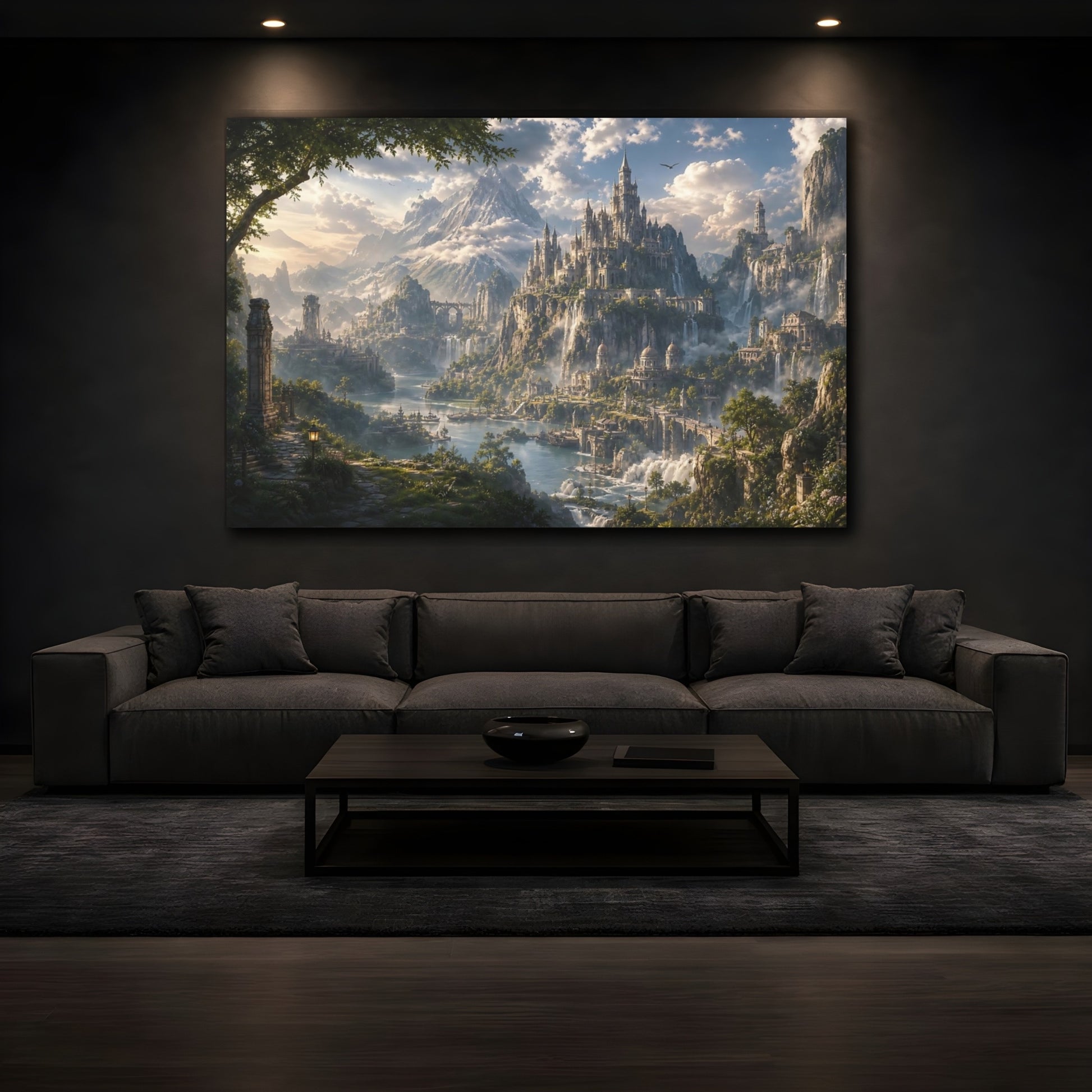Mockup 3. Fairytale Fantasy City Fantasy Castle Landscape shown as stretched canvas wall art