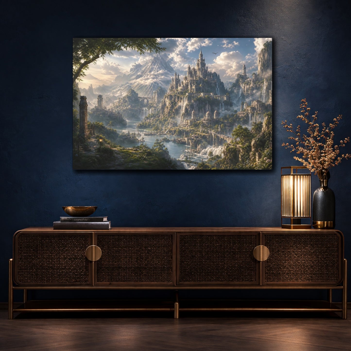 Mockup 4. Fairytale Fantasy City Fantasy Castle Landscape shown as stretched canvas wall art