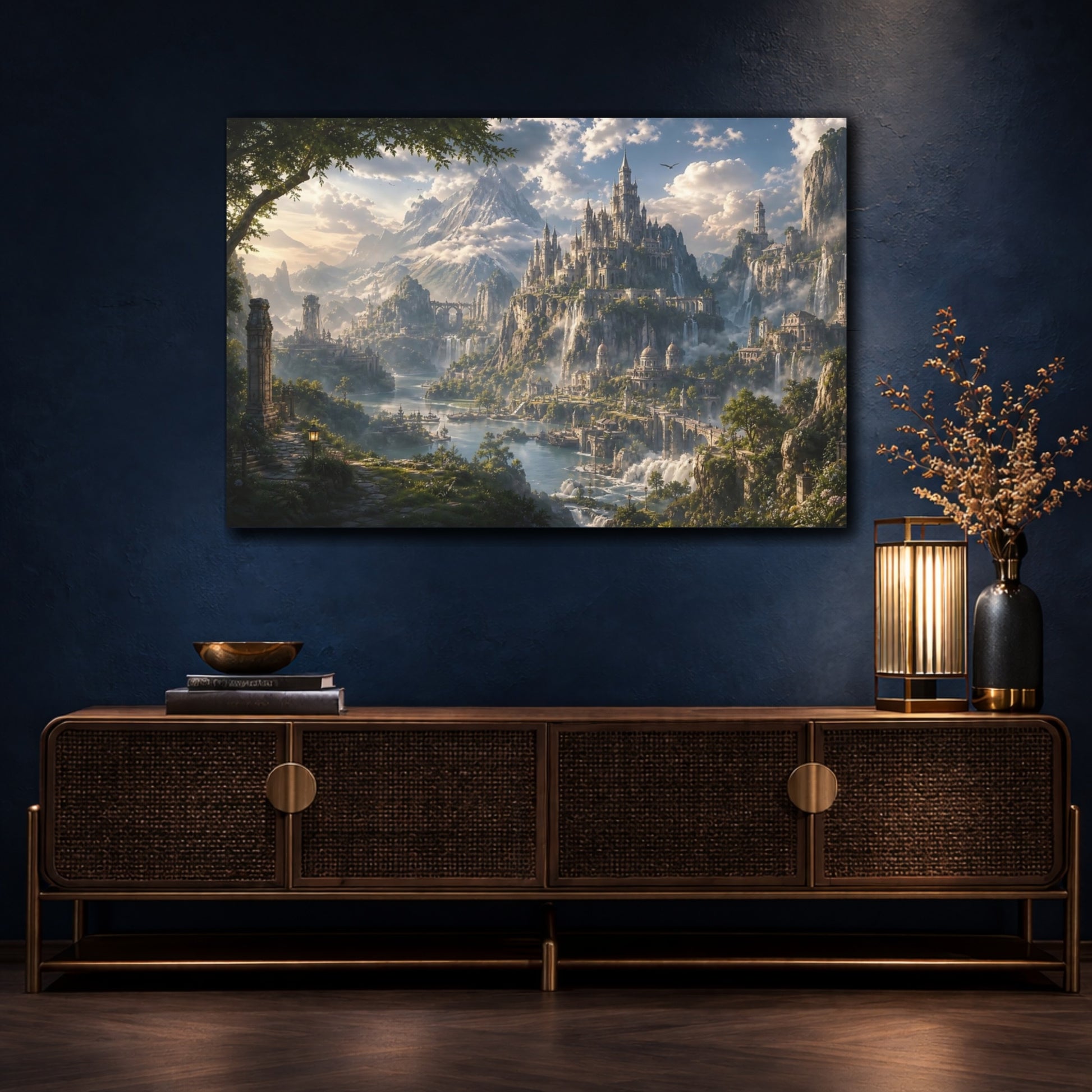 Mockup 4. Fairytale Fantasy City Fantasy Castle Landscape shown as stretched canvas wall art