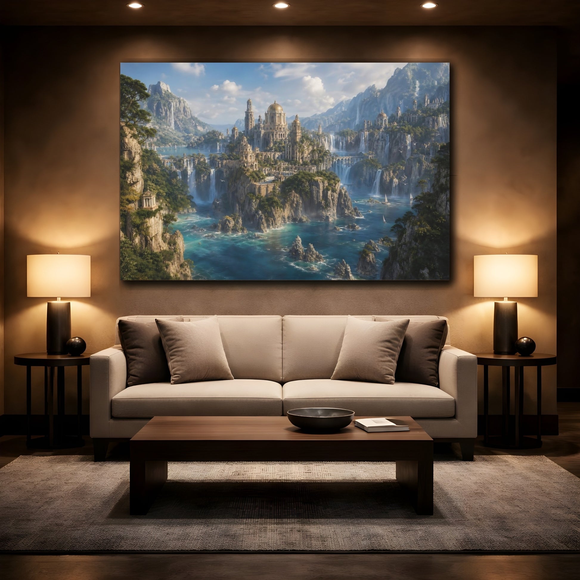 Mockup 2. Fairytale Fantasy City Fantasy City Blue shown as stretched canvas wall art