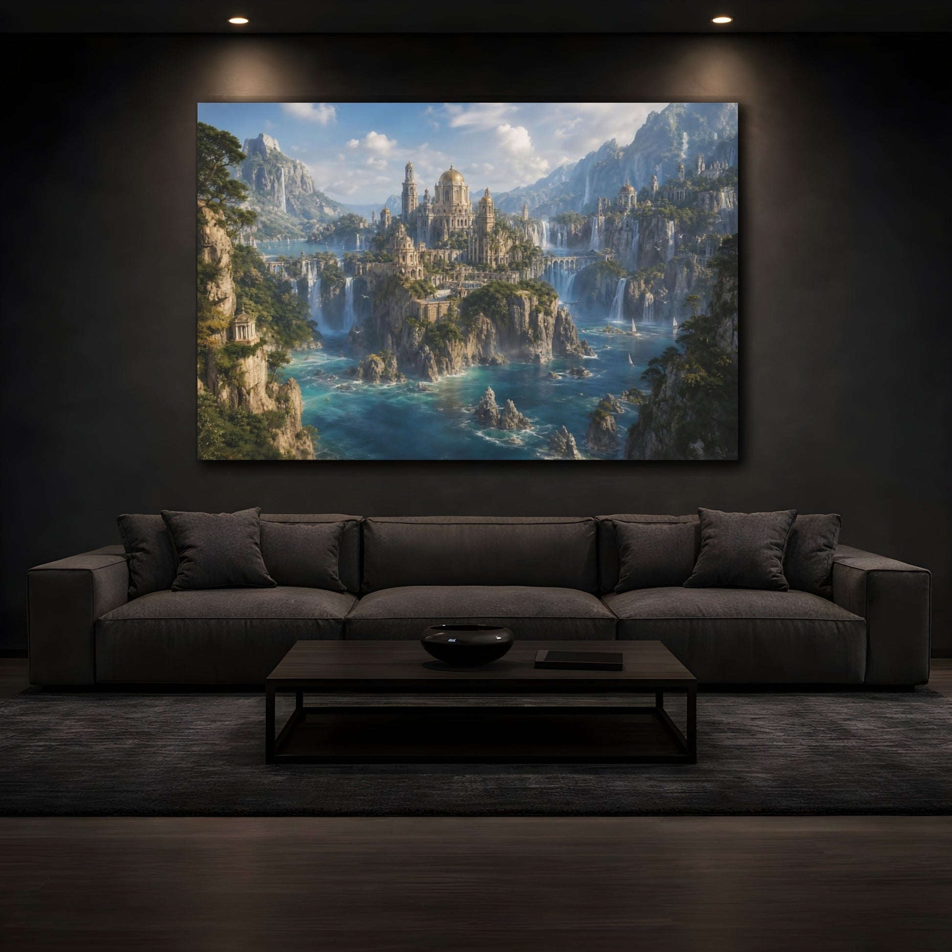 Mockup 3. Fairytale Fantasy City Fantasy City Blue shown as stretched canvas wall art