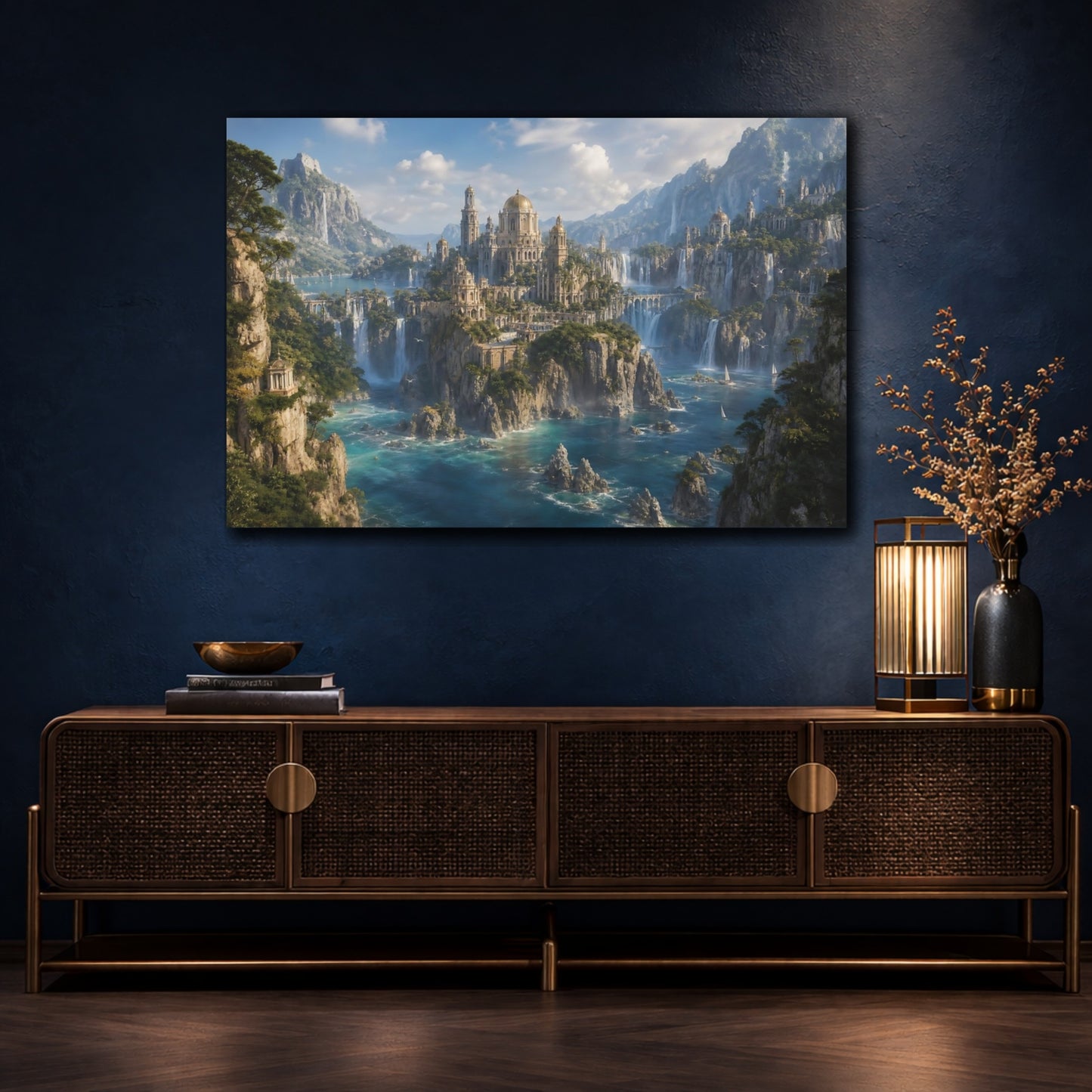 Mockup 4. Fairytale Fantasy City Fantasy City Blue shown as stretched canvas wall art