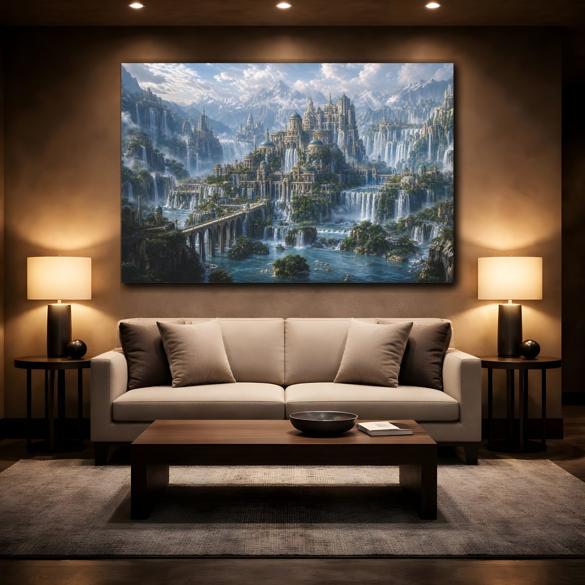 Mockup 2. Fairytale Fantasy City Fantasy City Landscape shown as stretched canvas wall art