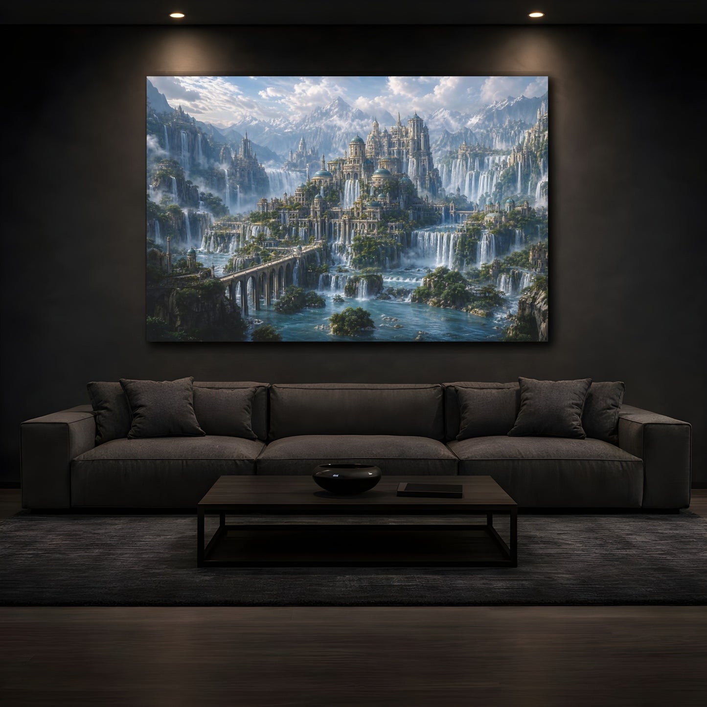 Mockup 3. Fairytale Fantasy City Fantasy City Landscape shown as stretched canvas wall art