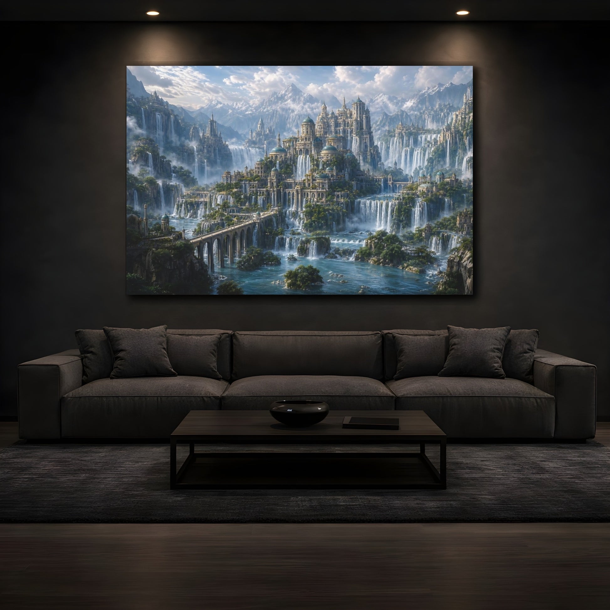 Mockup 3. Fairytale Fantasy City Fantasy City Landscape shown as stretched canvas wall art