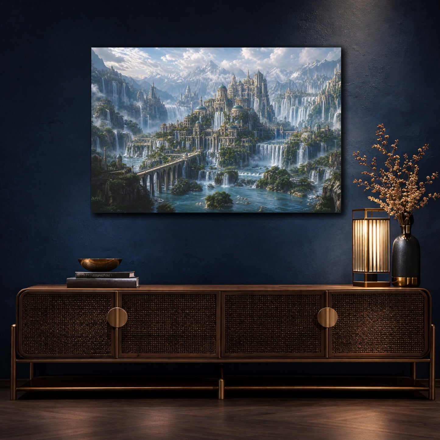 Mockup 4. Fairytale Fantasy City Fantasy City Landscape shown as stretched canvas wall art