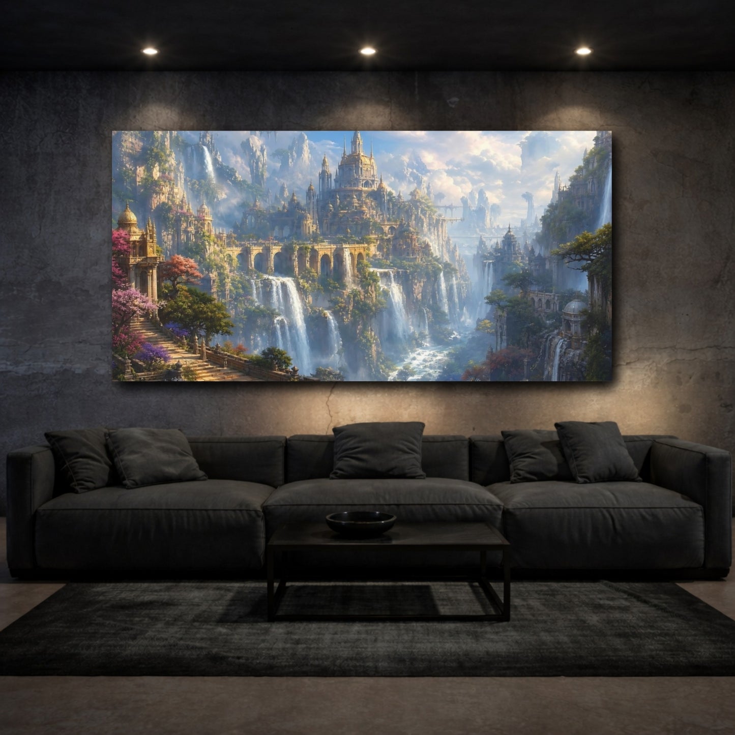 Mockup 2. Fairytale Fantasy City Fantasy Cityscape shown as stretched canvas wall art