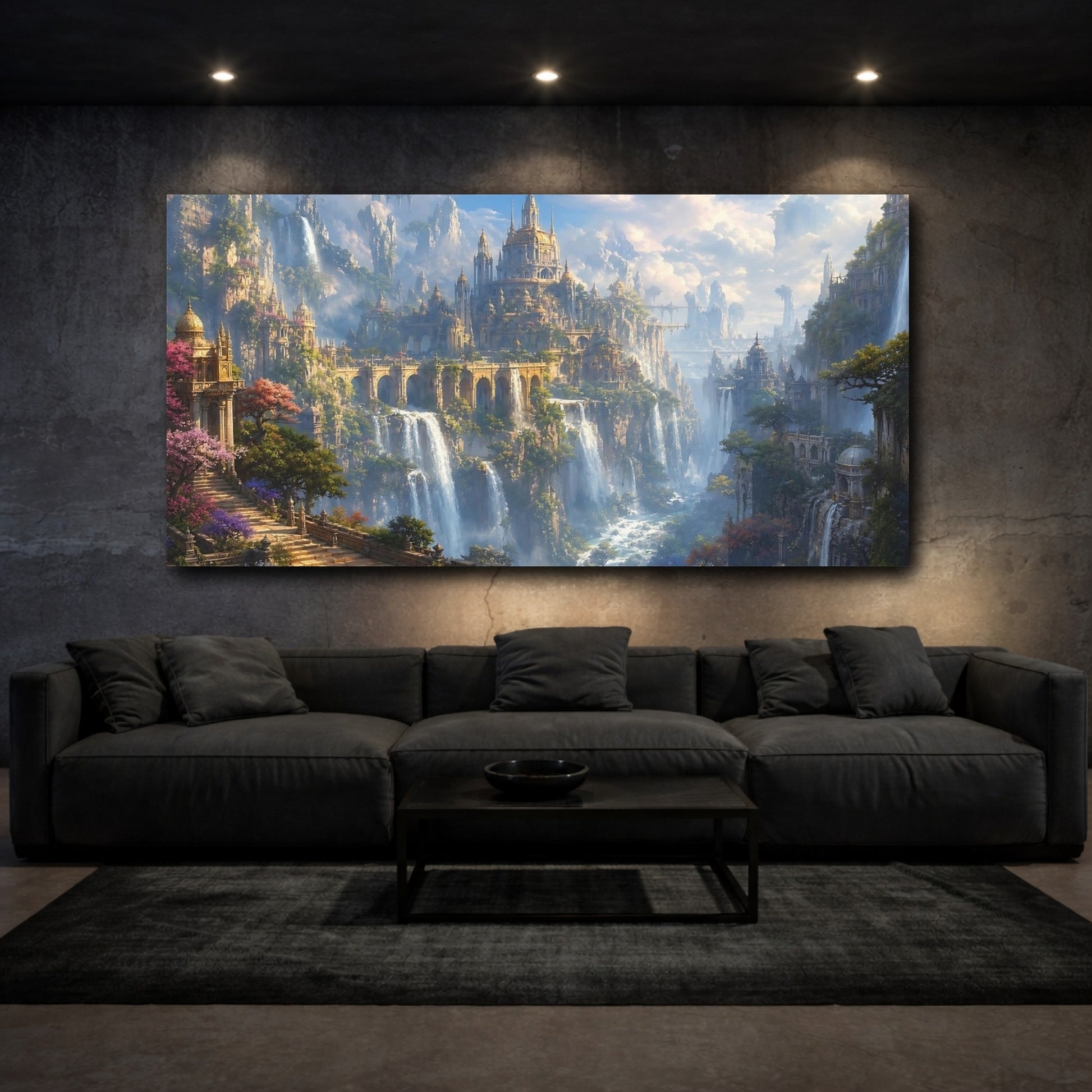 Mockup 2. Fairytale Fantasy City Fantasy Cityscape shown as stretched canvas wall art
