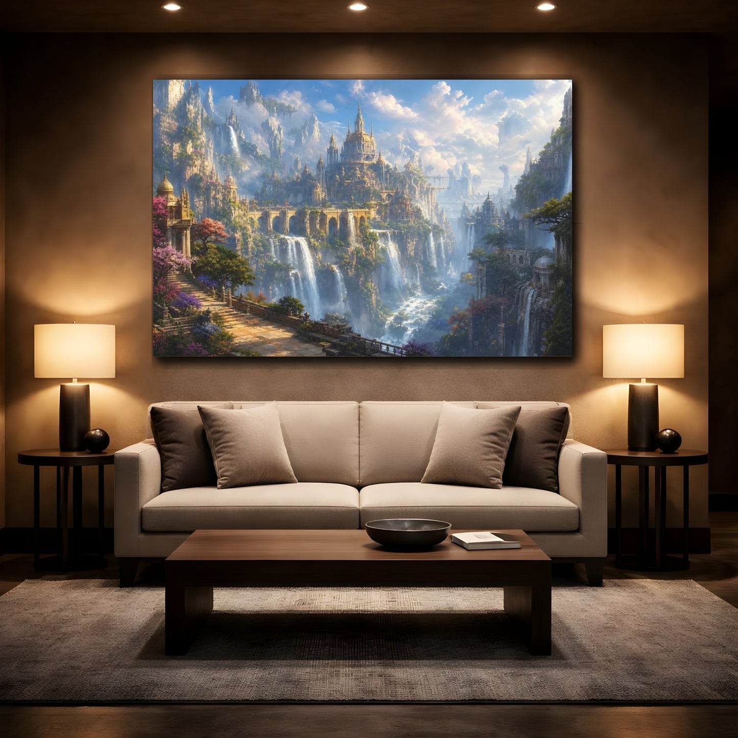 Mockup 2. Fairytale Fantasy City Fantasy Cityscape shown as stretched canvas wall art