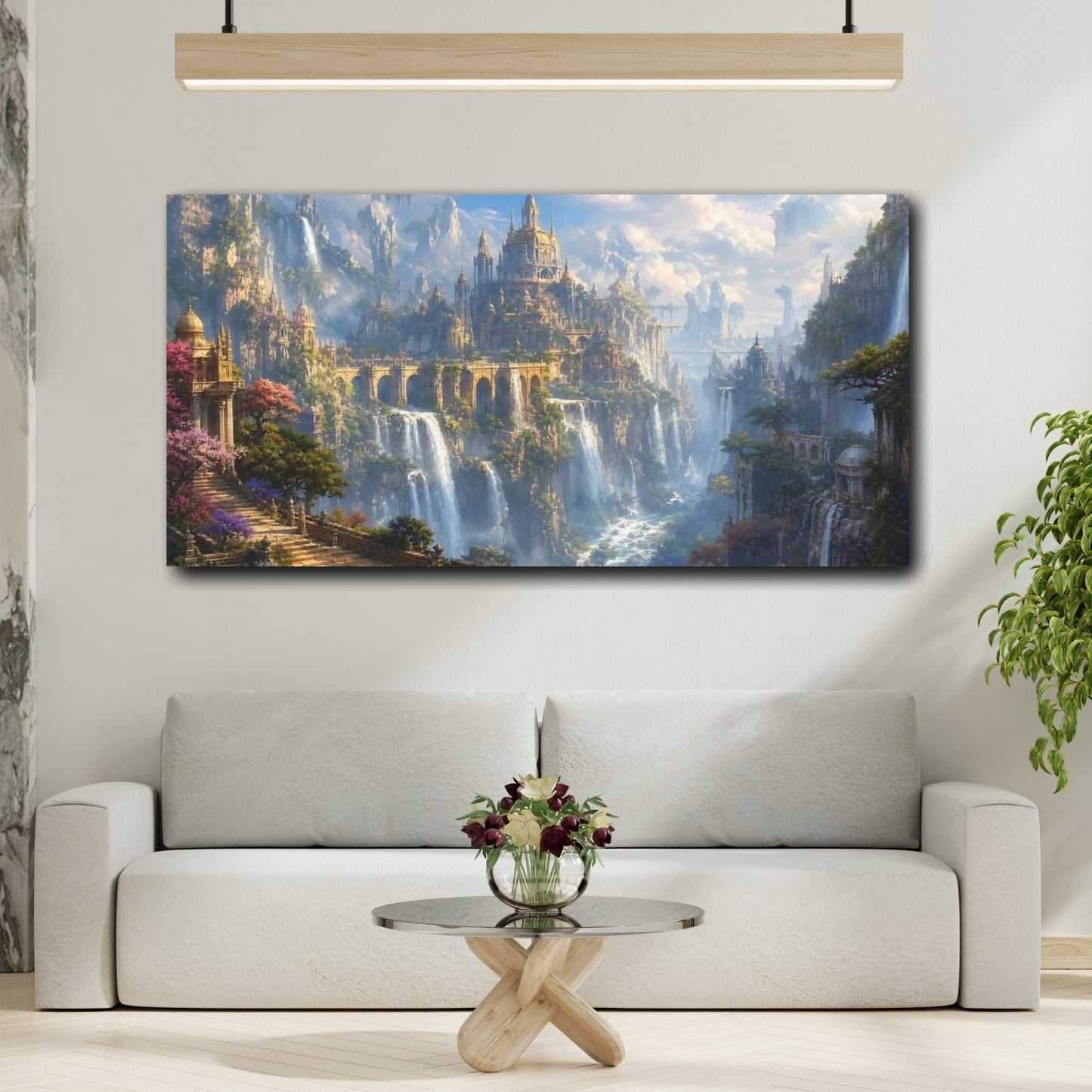Mockup 3. Fairytale Fantasy City Fantasy Cityscape shown as stretched canvas wall art