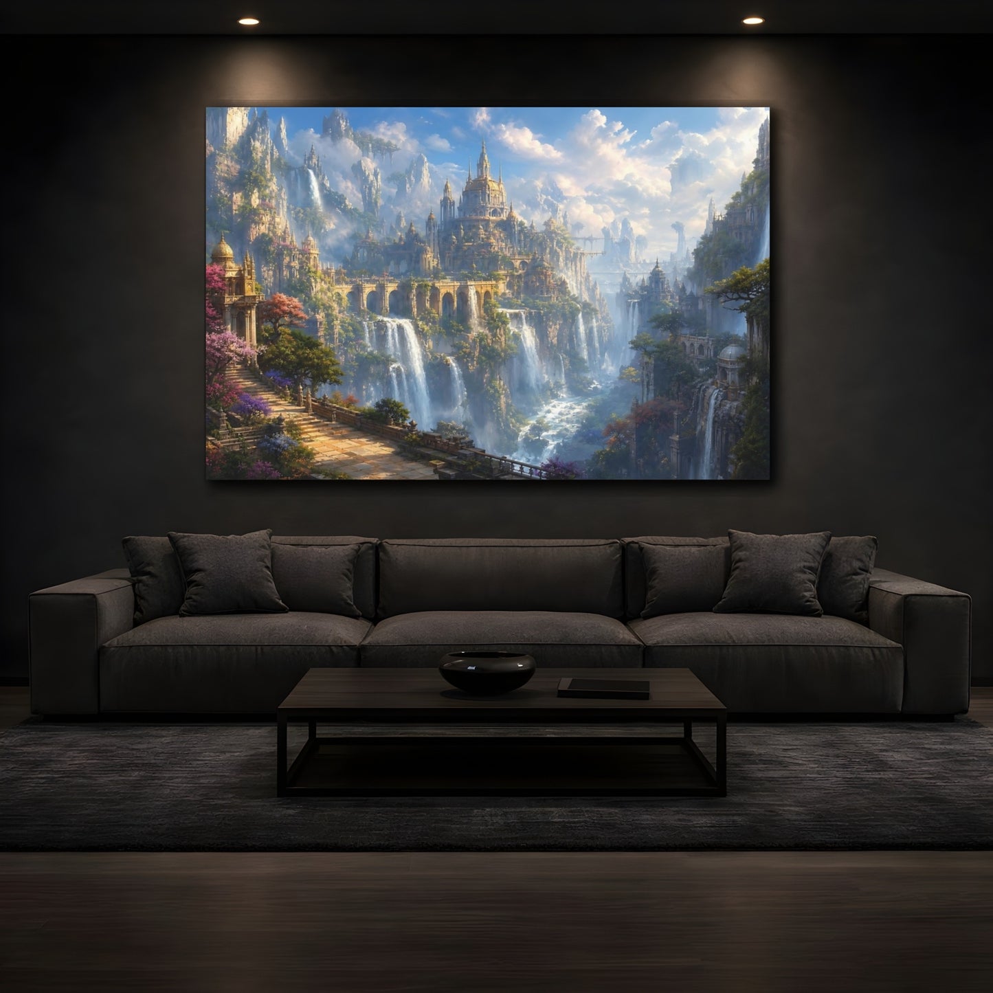 Mockup 3. Fairytale Fantasy City Fantasy Cityscape shown as stretched canvas wall art