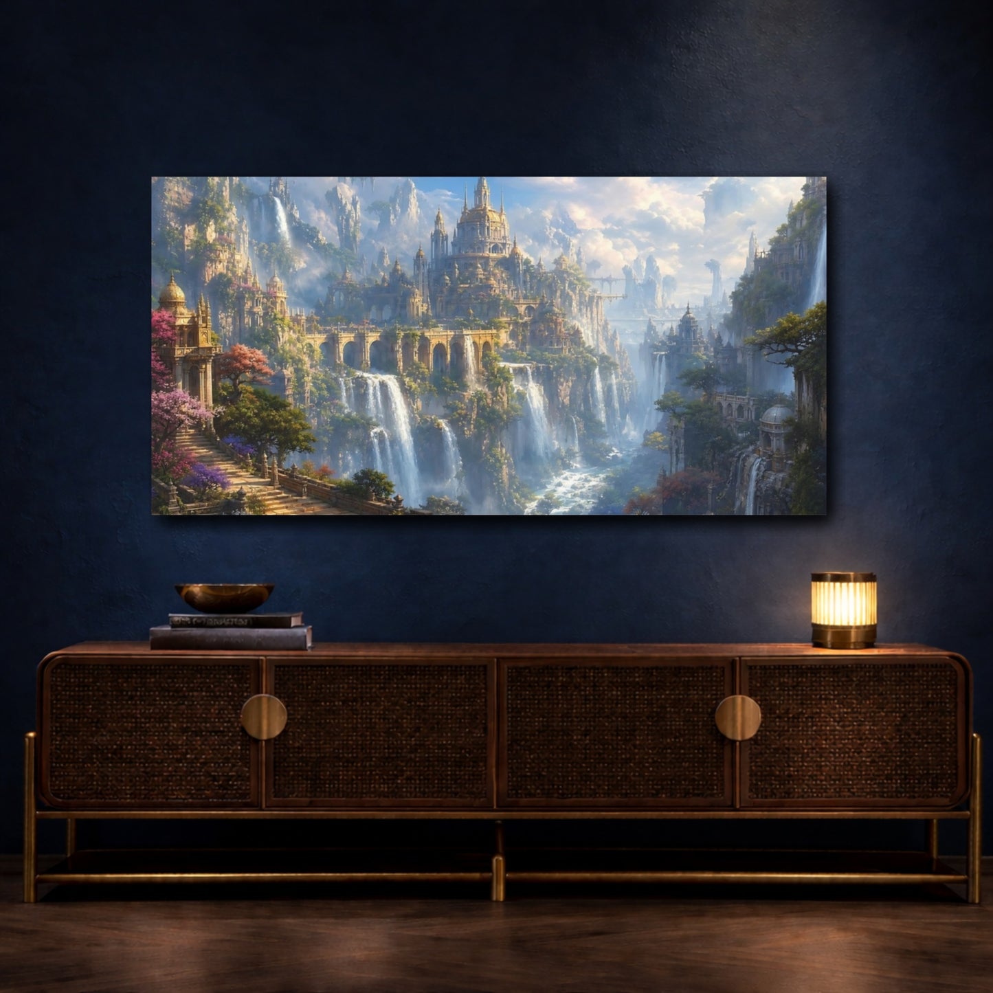 Mockup 4. Fairytale Fantasy City Fantasy Cityscape shown as stretched canvas wall art