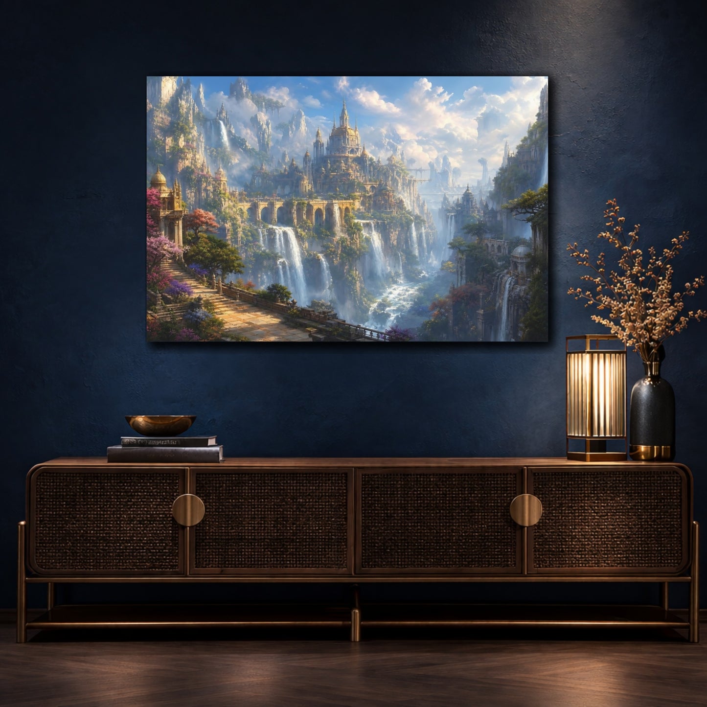 Mockup 4. Fairytale Fantasy City Fantasy Cityscape shown as stretched canvas wall art
