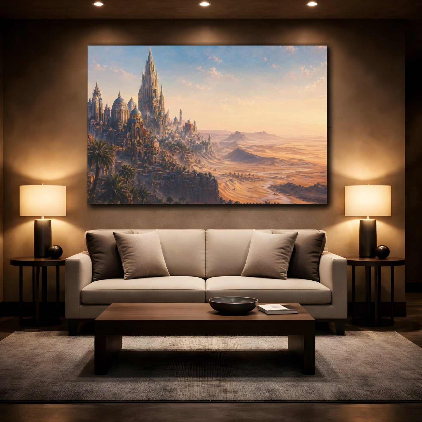 Mockup 2. Fairytale Fantasy City Fantasy Desert City shown as stretched canvas wall art