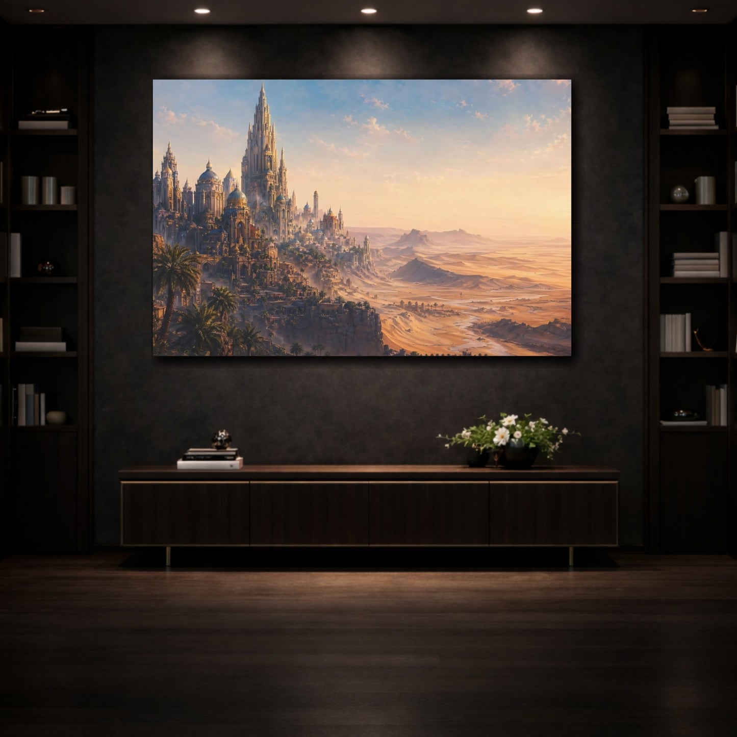 Mockup 3. Fairytale Fantasy City Fantasy Desert City shown as stretched canvas wall art