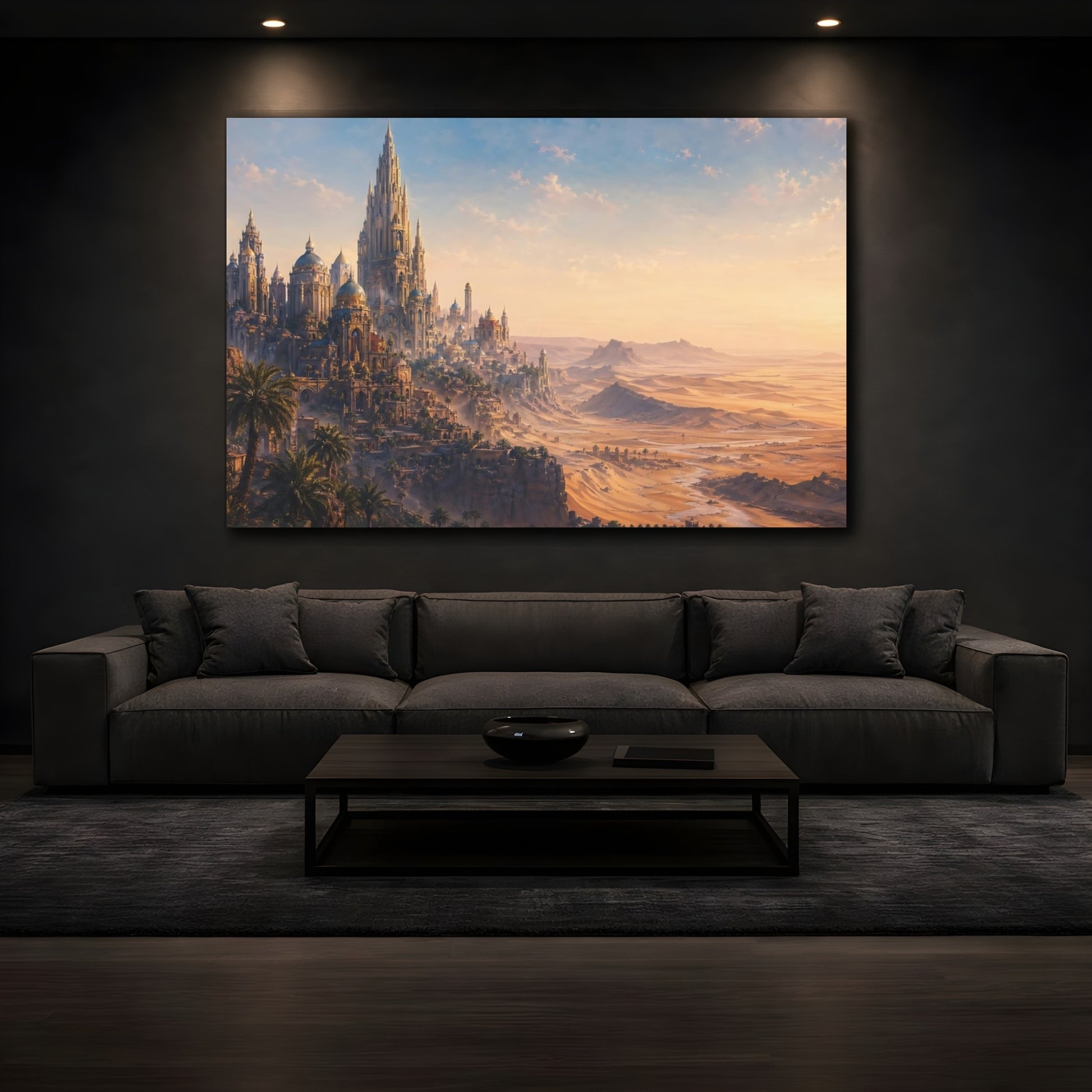 Mockup 4. Fairytale Fantasy City Fantasy Desert City shown as stretched canvas wall art