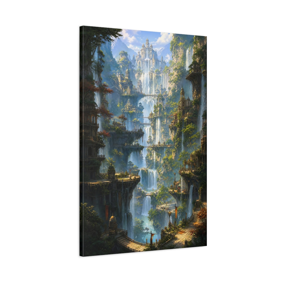 Main Mockup. Fairytale Fantasy City Fantasy Waterfall City shown as stretched canvas wall art