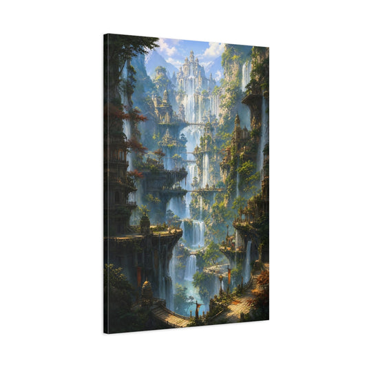 Main Mockup. Fairytale Fantasy City Fantasy Waterfall City shown as stretched canvas wall art