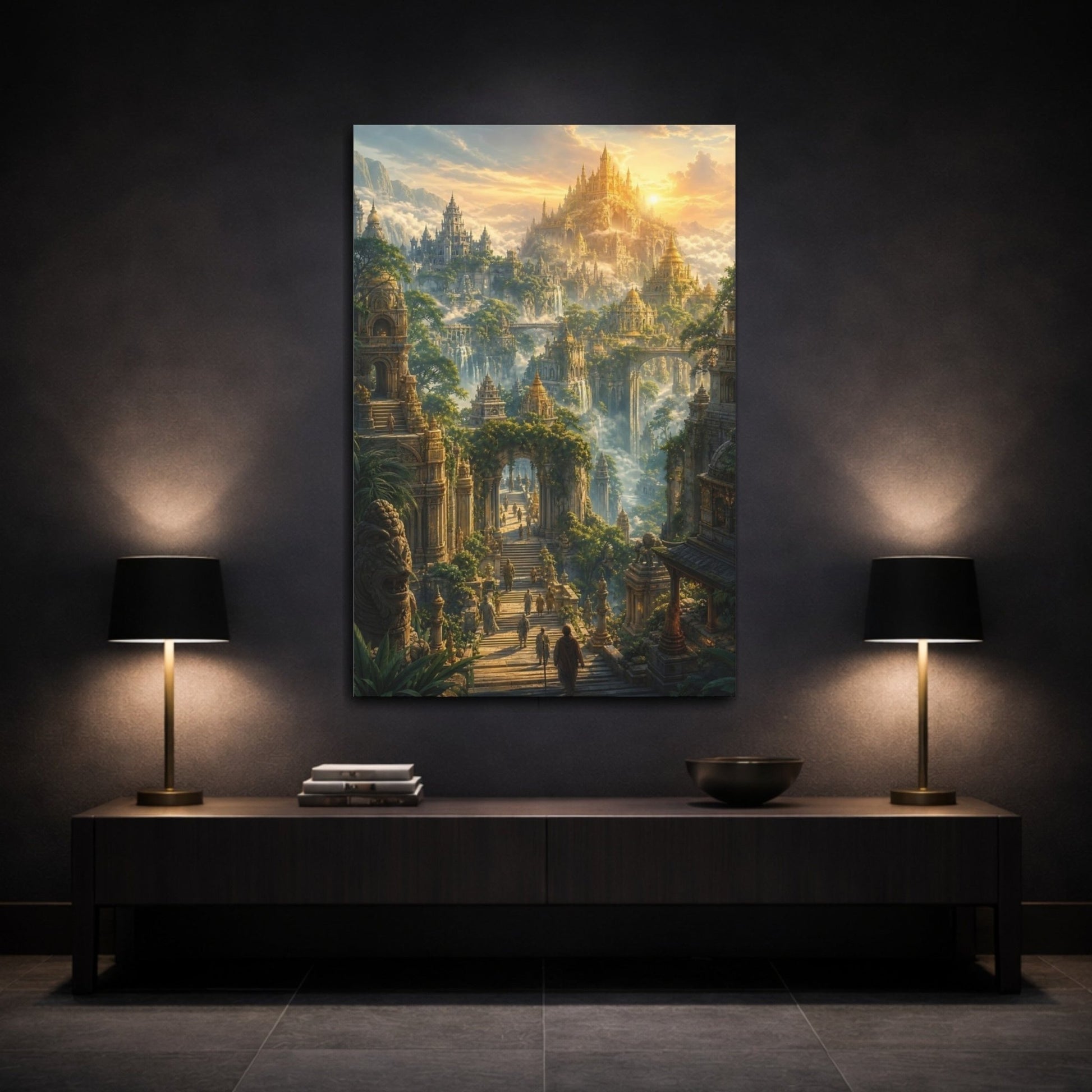 Fairytale Fantasy City Golden Canvas Print – Decor for Living Room, Above Console Table - YesArtYes