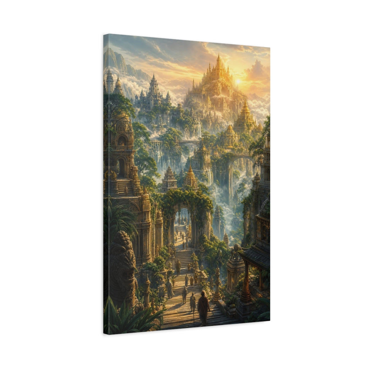 Side Mockup 2. Fairytale Fantasy City Golden Fantasy City shown as stretched canvas wall art