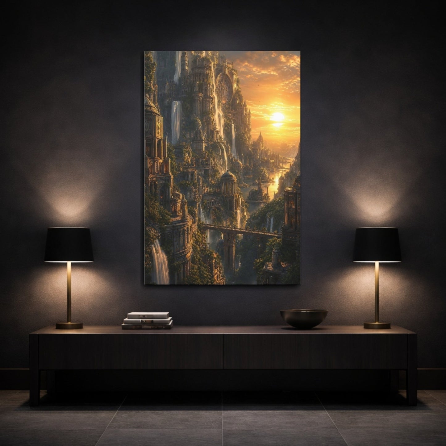 Fairytale Fantasy City Golden Canvas Print – Living Room, Above Console Table, Gold - YesArtYes